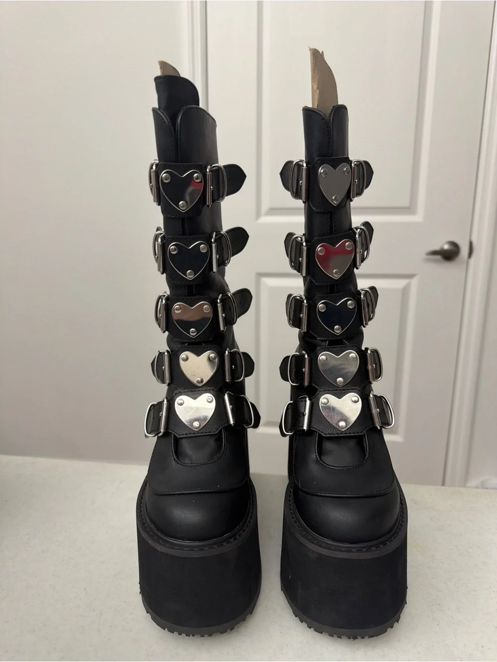 Demonia Swing 230 Black Vegan Leather Platform Boots Heart Buckle Straps SZ 8